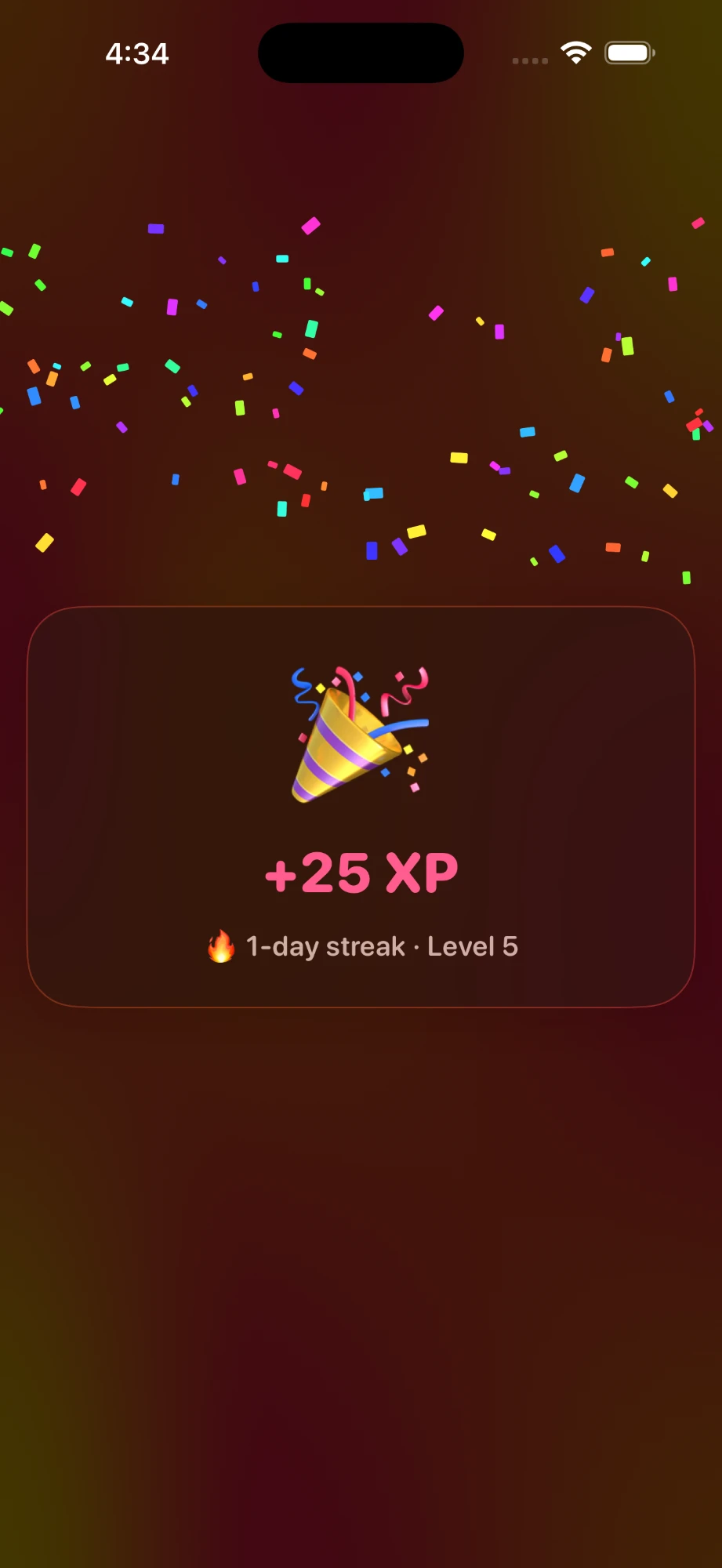 Confetti celebration showing XP earned after finishing a task