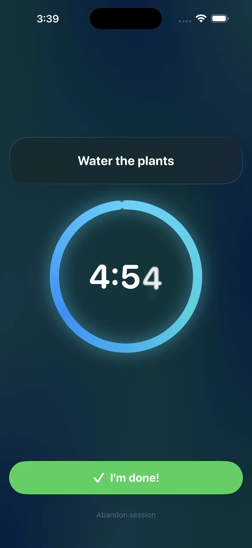 A glowing countdown ring running during a focus session