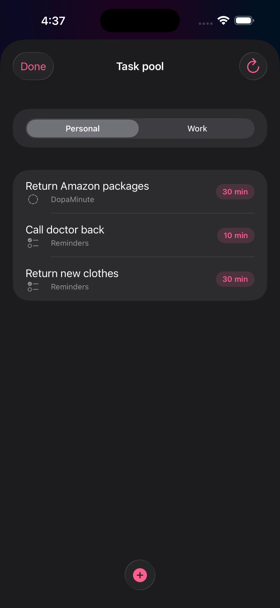 Task pool with tasks synced from Apple Reminders