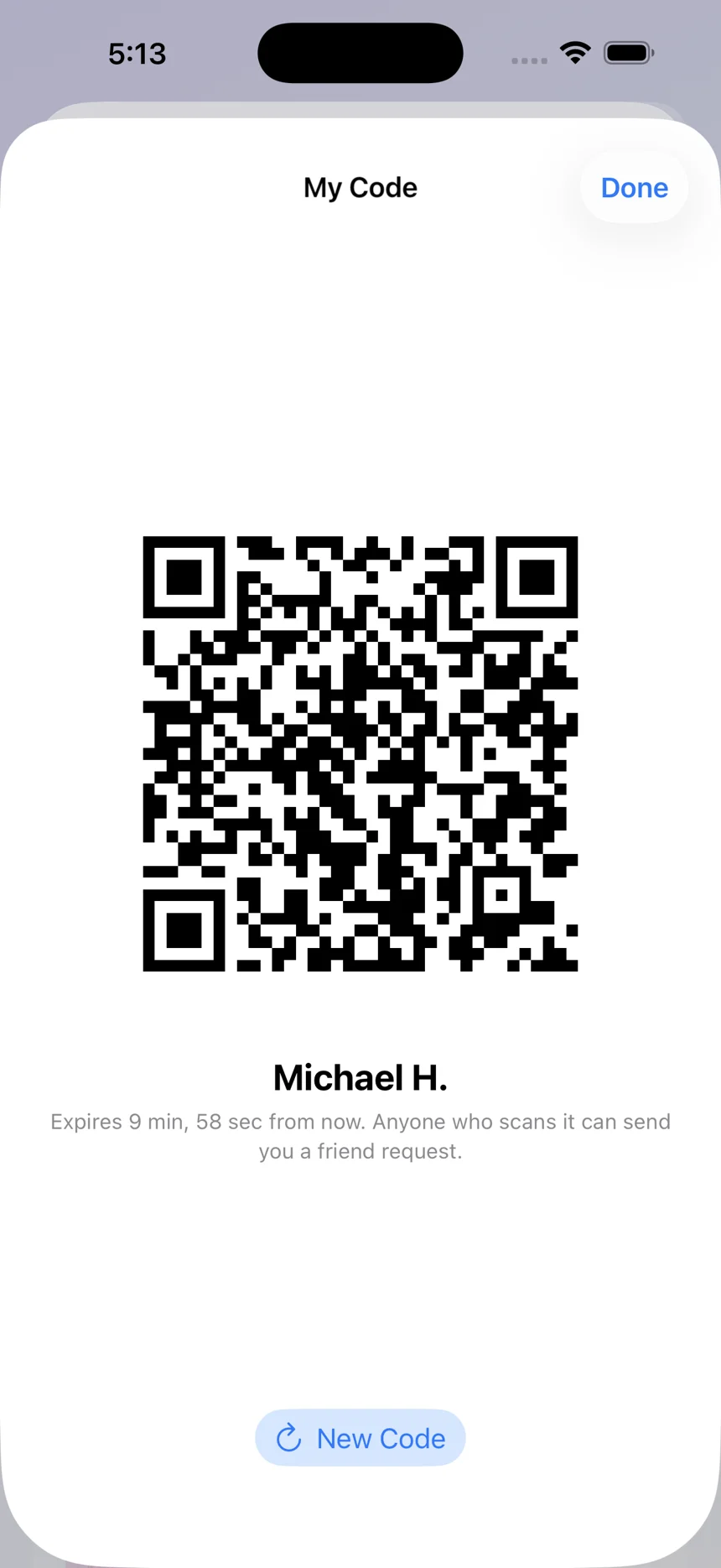 A personal QR friend code that expires in ten minutes