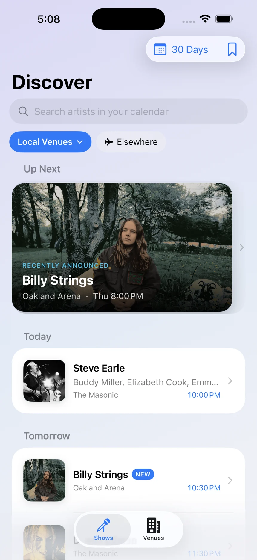 Marquee's Discover feed showing upcoming concerts grouped by day