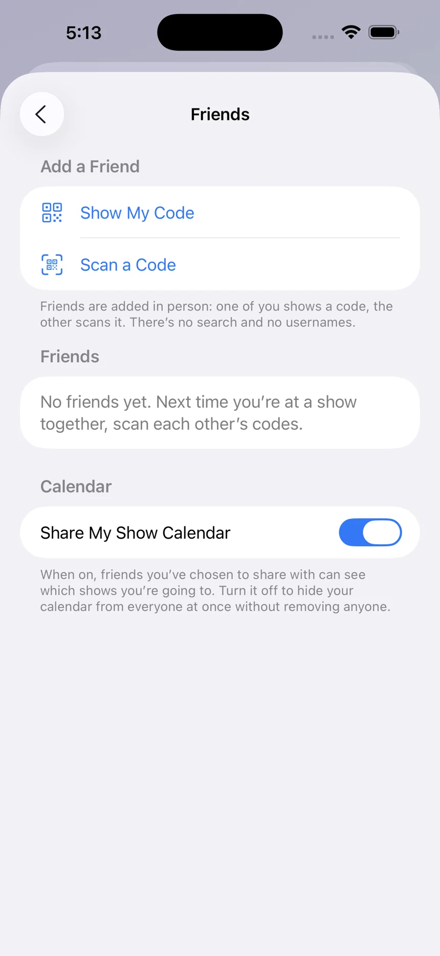 The Friends screen with Show My Code, Scan a Code, and the calendar sharing switch