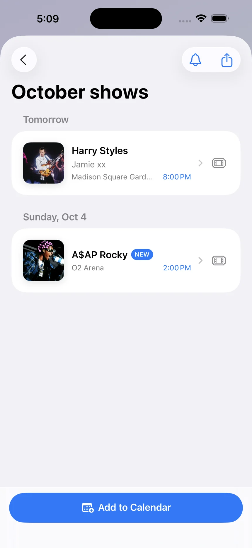 A shared list of October shows with Add to Calendar
