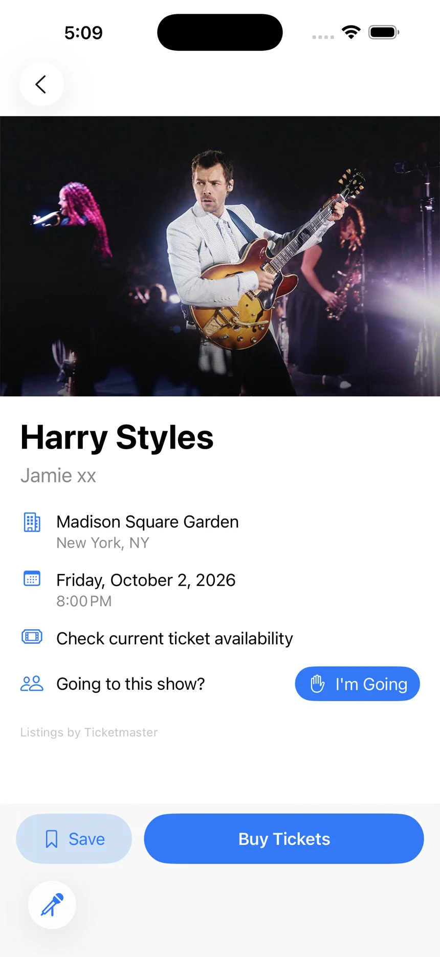 Show detail with venue, date, an I'm Going button, and Buy Tickets