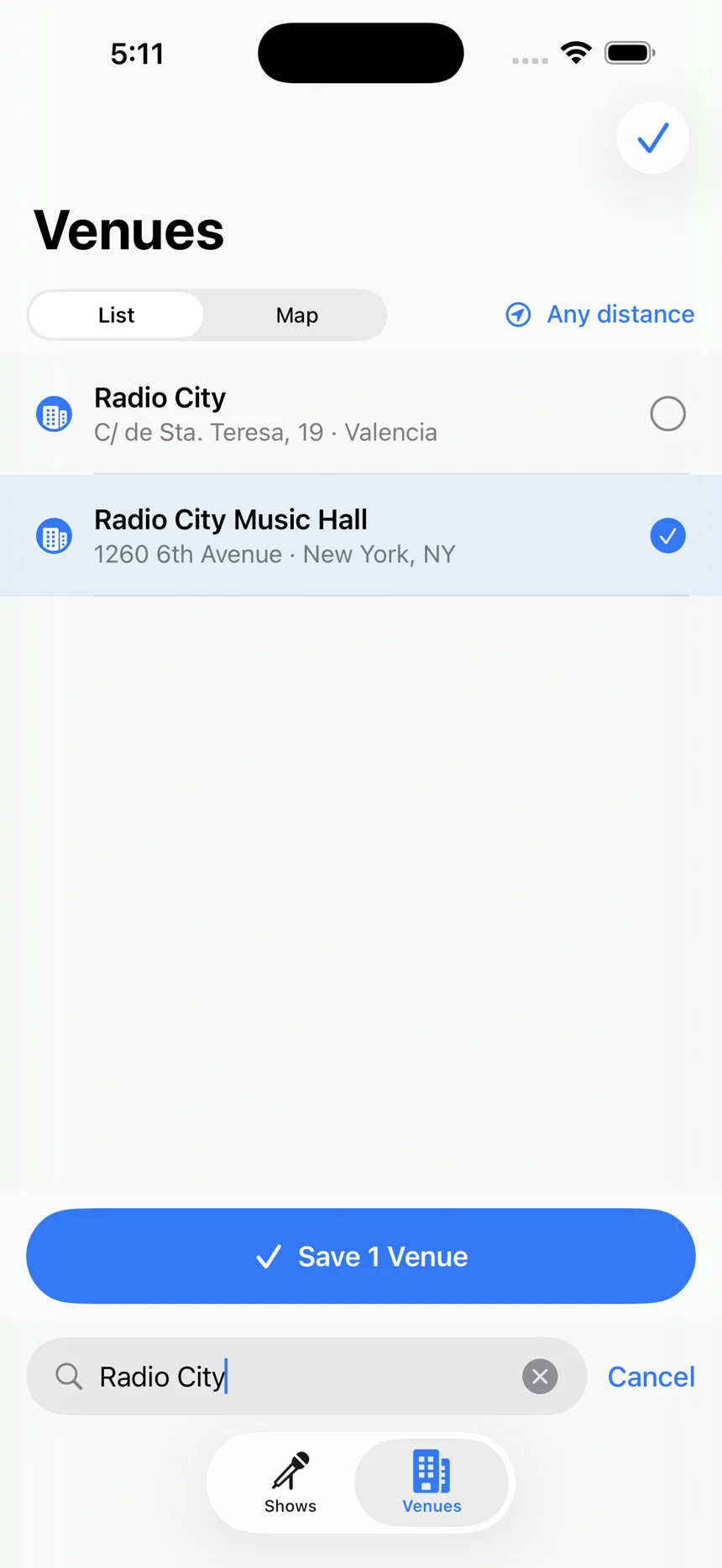 Venue search with Radio City Music Hall selected to follow
